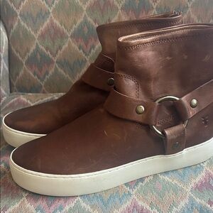 Frye Chestnut Leather Slip-On Ankle Booties with Ring Strap